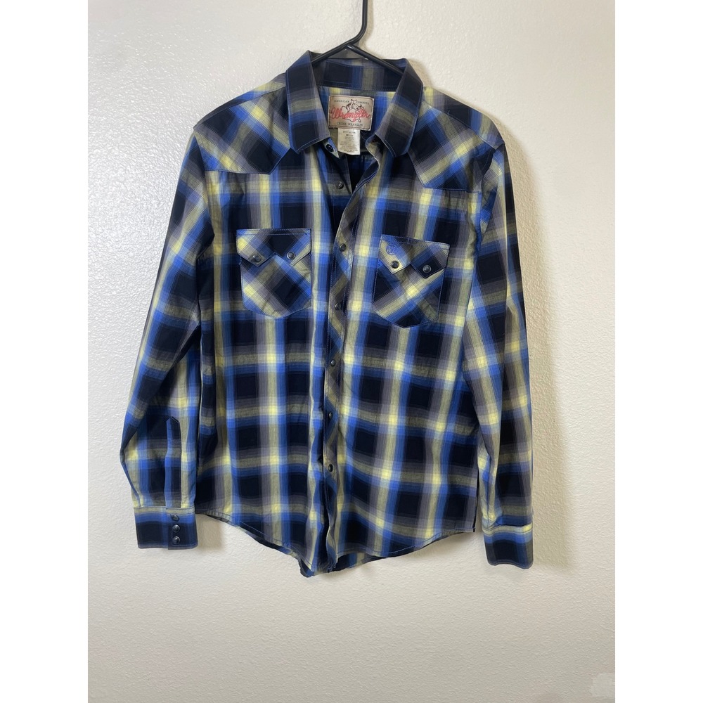 Wrangler Western Mens Medium Shirt Pearl Snap Blue Yellow Plaid Long‎ Sleeve
